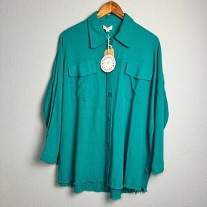 Umgee Teal‎ Button Down Shirt Frayed Hem Long Sleeve Linen Cotton Blend Size S